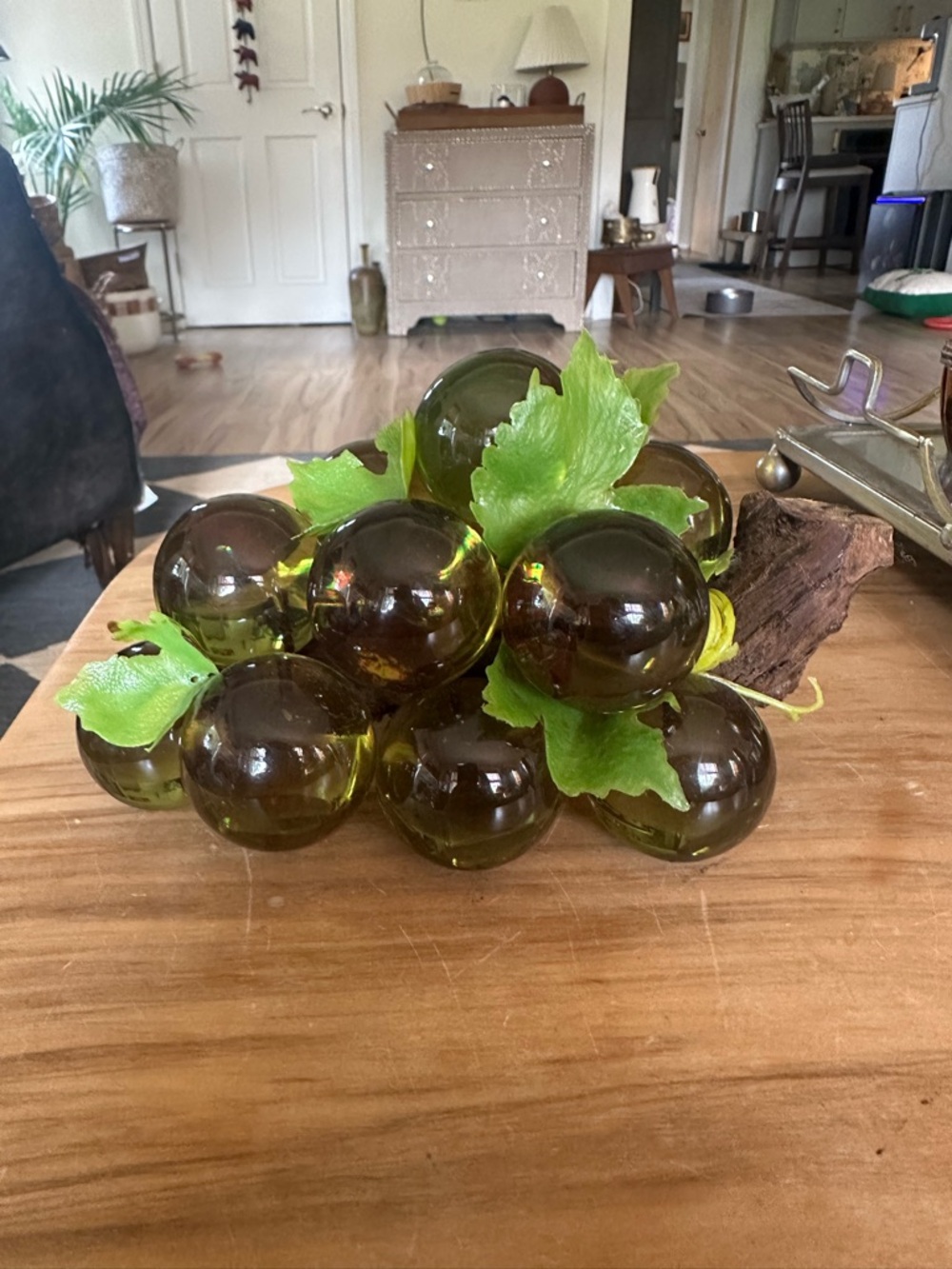 Vintage green lucite grapes (14) on driftwood Grape Cluster